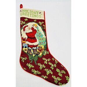 Win-Tex‎ Needlepoint Christmas Stocking Santa Holiday Greetings Velvet Back 21"